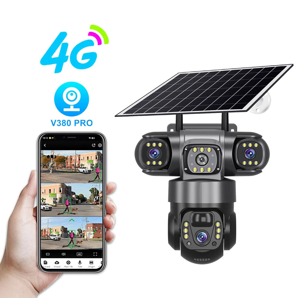 V380 4G 6MP Solar Security Camera 3-Lens System Dual-Charging Night Vision Motion Alerts Security Camera