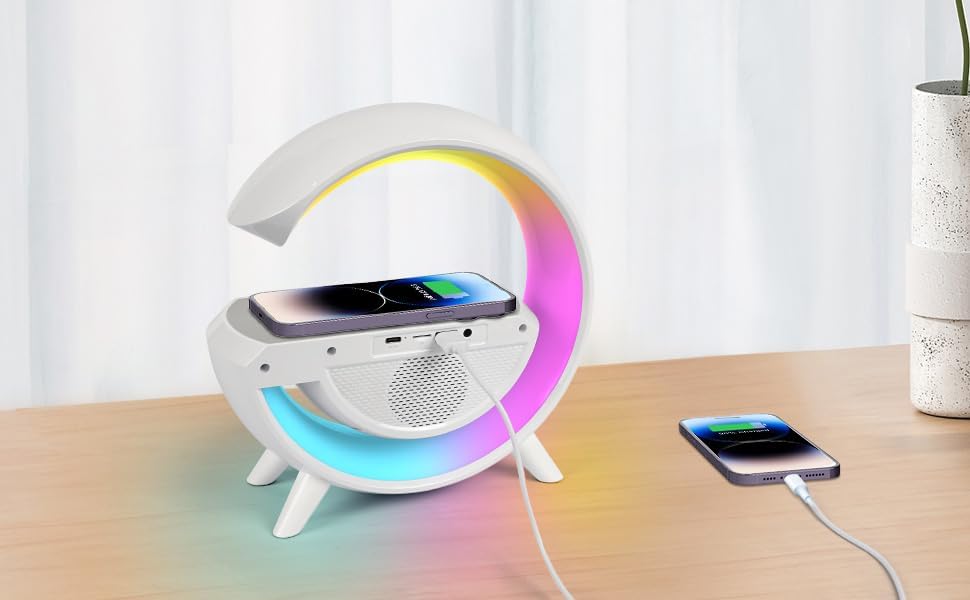 Alarm Clock with Light and Bluetooth Speaker, Smart LED Table Lamp with Wireless Charger, Dimmable LED Light, Night Light with Music Sync