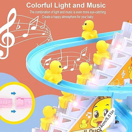 E+ Baby Happy Duck Track Set Toys for Kids Climbing Stairs Dancing Duck Slide Toy with Light and Music - 3 Piece Small Duck