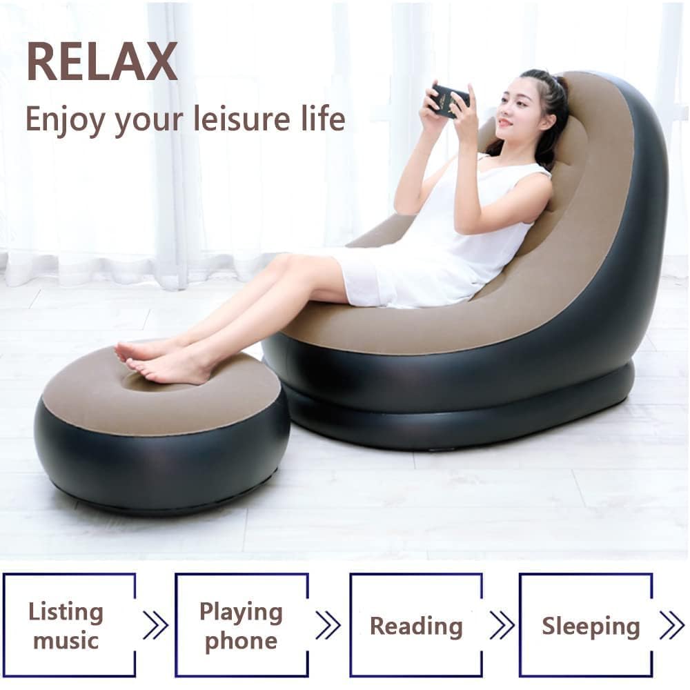 Inflatable Sofa Chair with Footstool, 2-in-1 Outdoor Lounge Bed Set