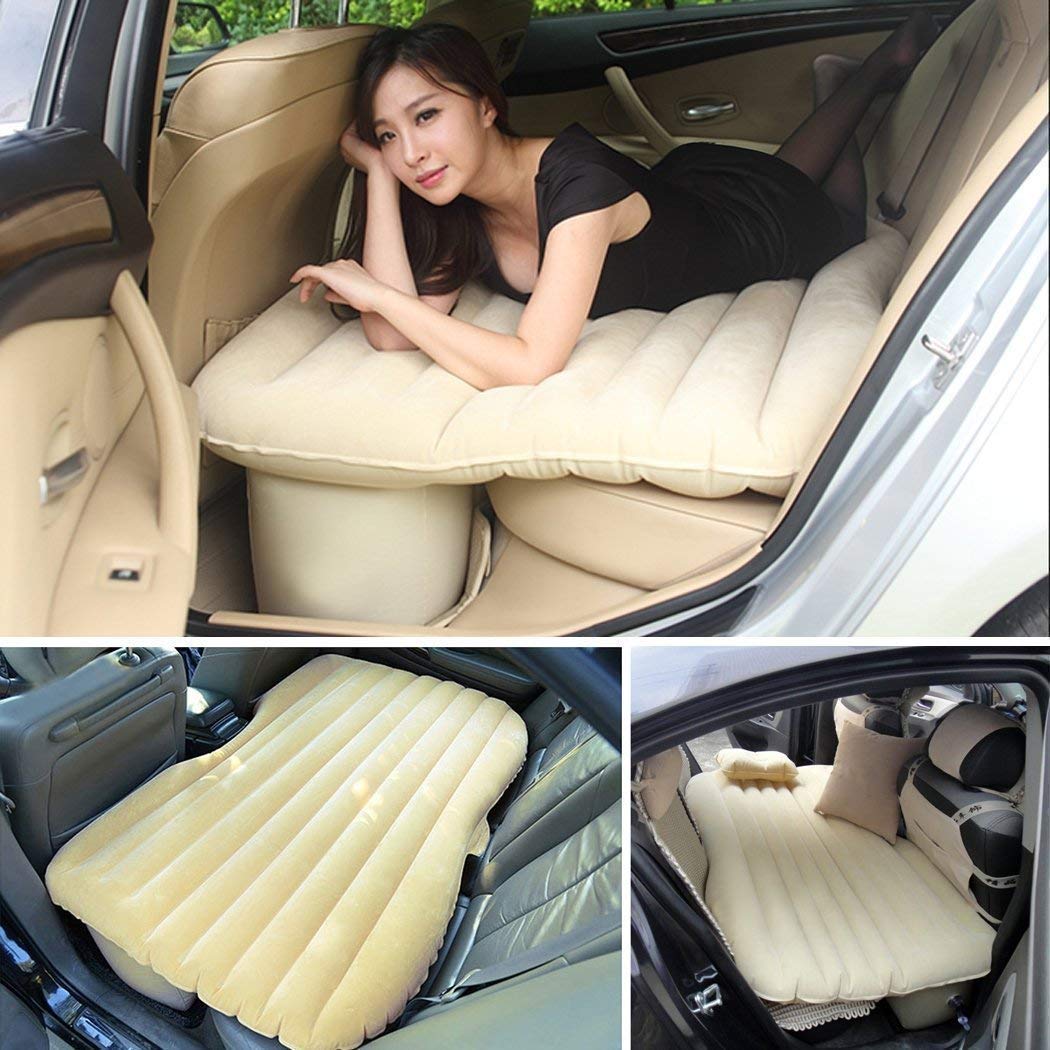 Four Creators Velvety PVC Oxford Fabric Inflatable Car Air Mattress Bed with 2 Air Pillows and Pump - Accessories for Travel, Camping