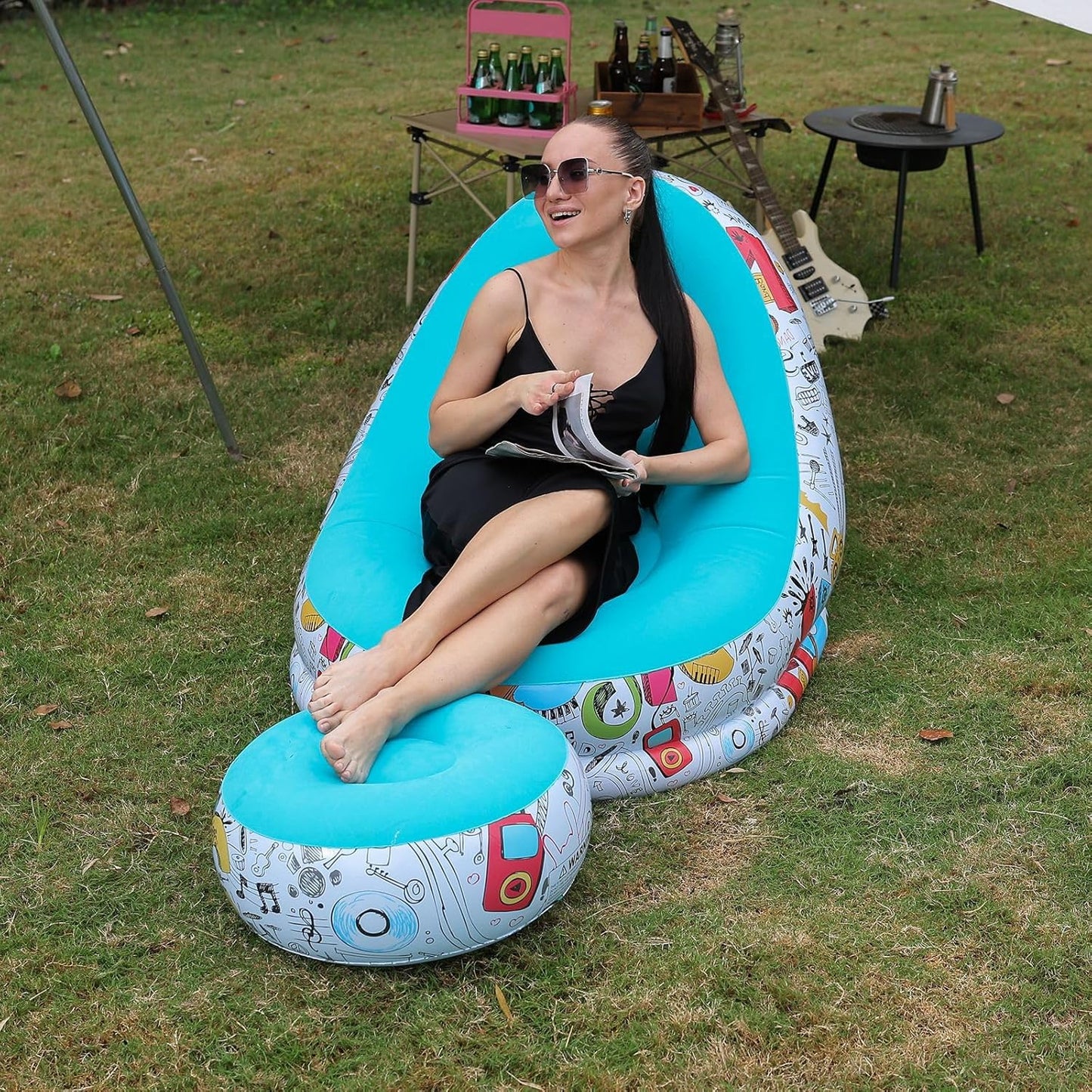 FLORAL Inflatable Lounge Chair with Footrest 2-in-1 Air Sofa for Adults