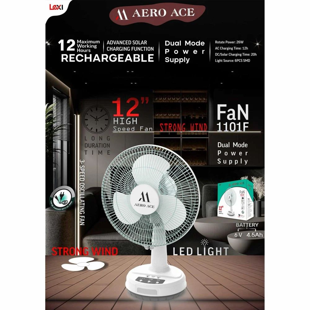 HINCAVO 16 INCH AERO ACE Table DESK Fan, 3-Speed Electric Desk Fan, White rechargeble fan WITH 90 DEGREE ROTATE 12 HR BACKUP