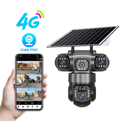 V380 4G 6MP Solar Security Camera 3-Lens System Dual-Charging Night Vision Motion Alerts Security Camera
