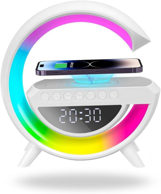 Alarm Clock with Light and Bluetooth Speaker, Smart LED Table Lamp with Wireless Charger, Dimmable LED Light, Night Light with Music Sync