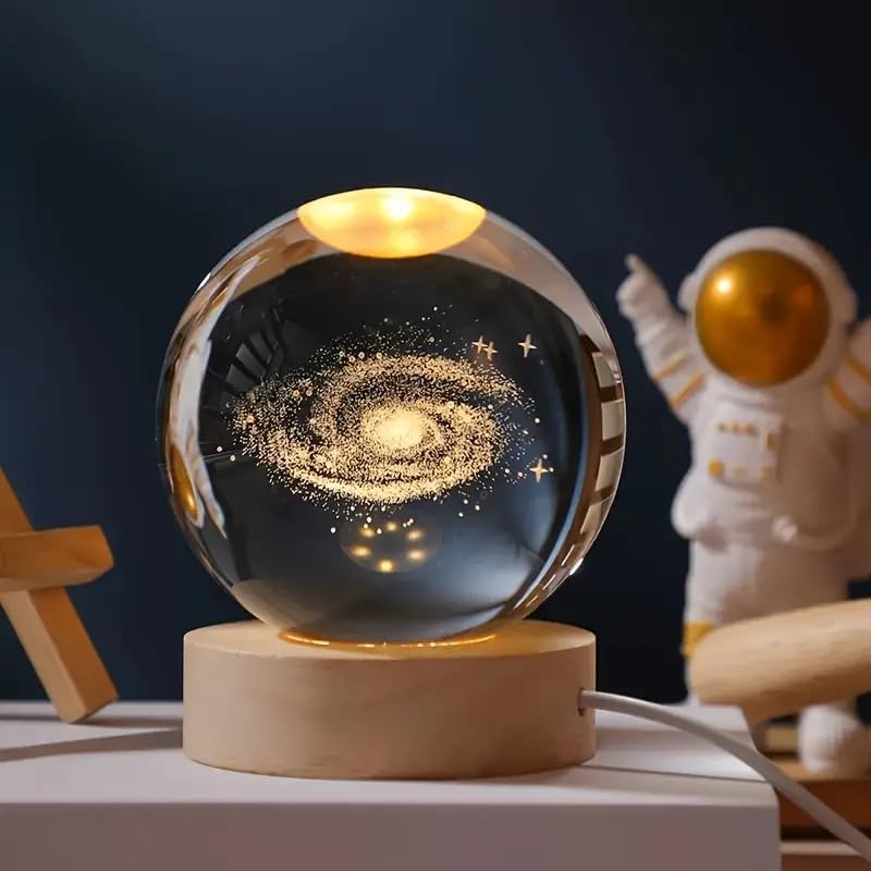 3D Galaxy Crystal Ball Night Lamp - Engraved USB Table LED Wooden Light for Home Office Decoration and Birthday Gift (Galaxy)(Warm White) Visit the One94Store Store