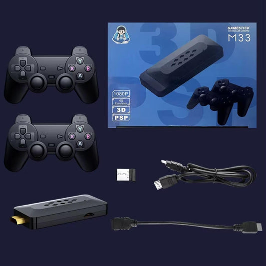 M33 2.4G Wireless Game Stick with 4K 3D TV Output, 45 Emulators, 30,000+ Games, 360° Universal Rocker, 2 Gamepad (Black)