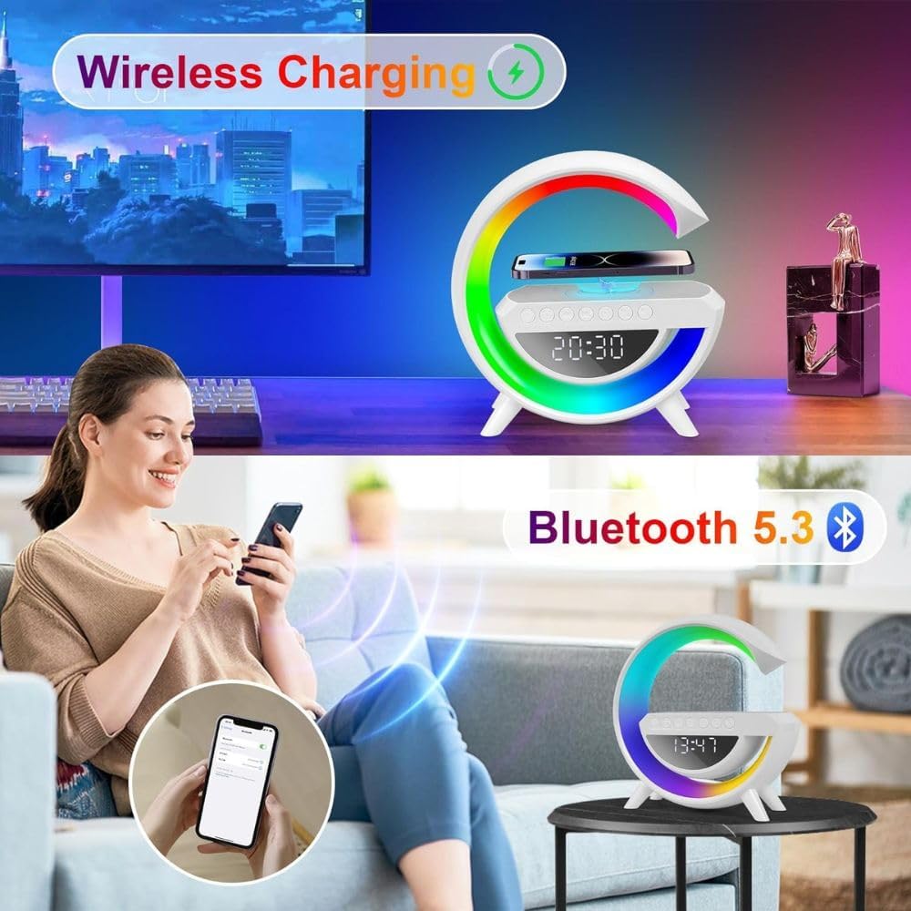 Alarm Clock with Light and Bluetooth Speaker, Smart LED Table Lamp with Wireless Charger, Dimmable LED Light, Night Light with Music Sync