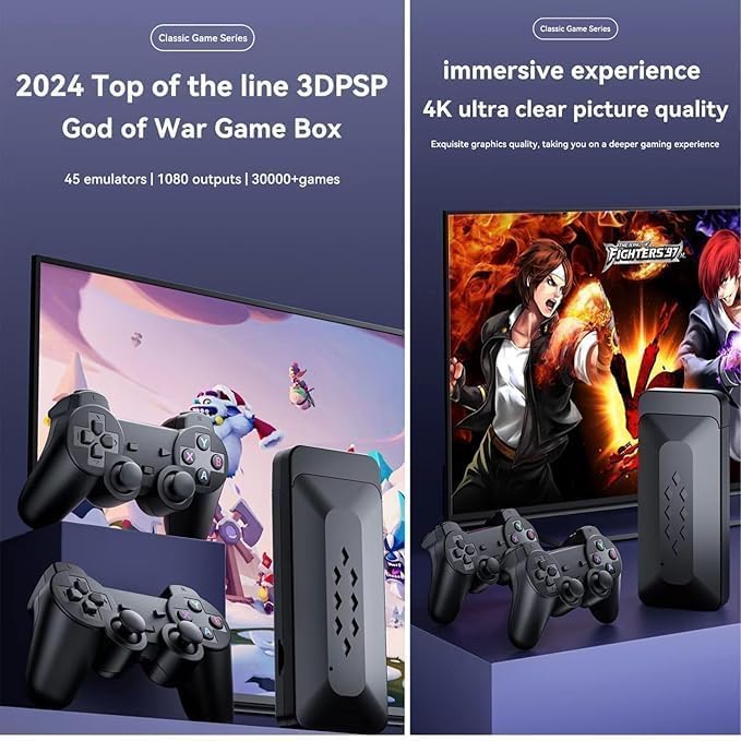M33 2.4G Wireless Game Stick with 4K 3D TV Output, 45 Emulators, 30,000+ Games, 360° Universal Rocker, 2 Gamepad (Black)