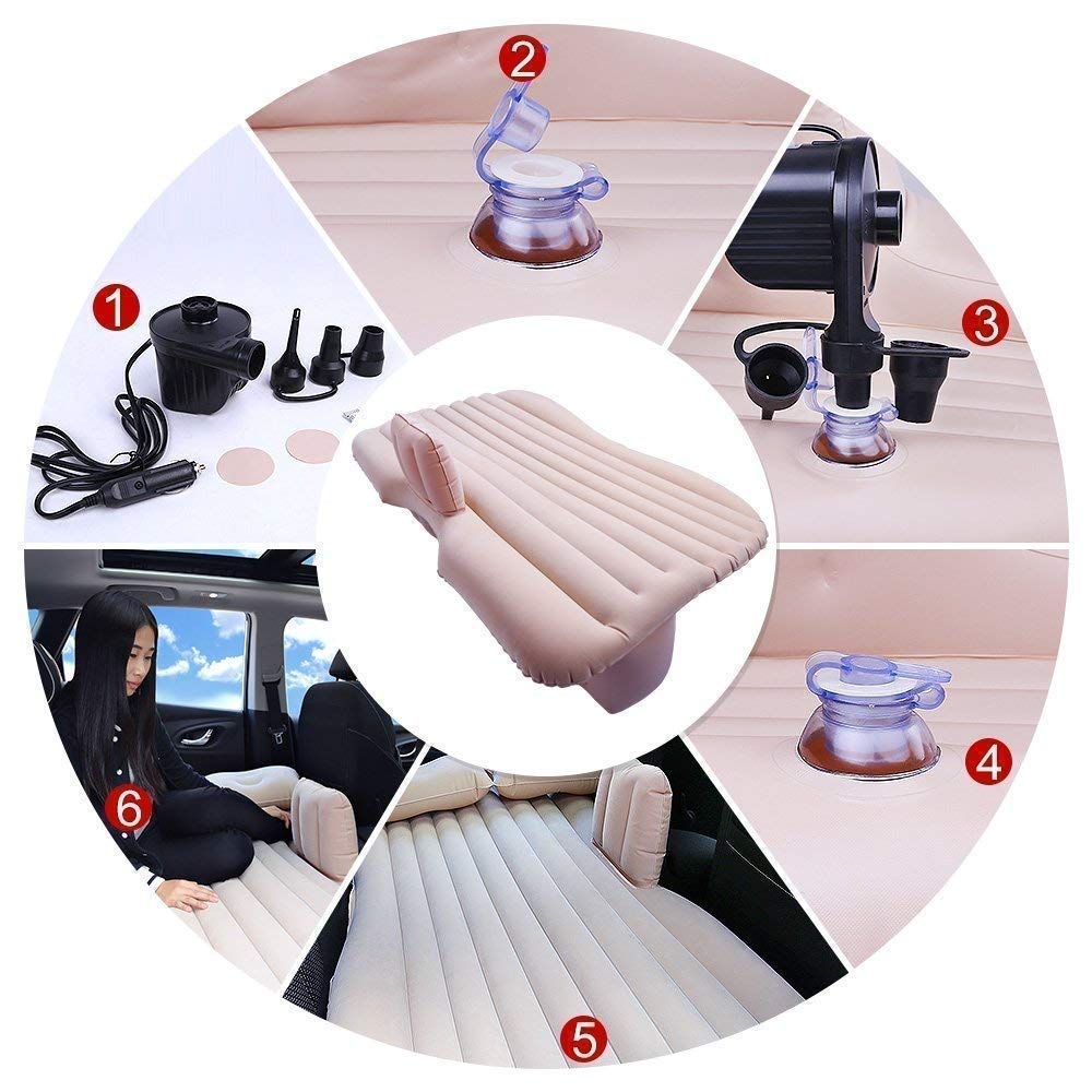 Four Creators Velvety PVC Oxford Fabric Inflatable Car Air Mattress Bed with 2 Air Pillows and Pump - Accessories for Travel, Camping