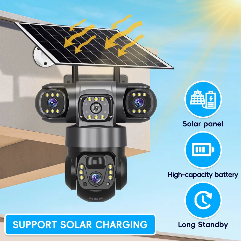 V380 4G 6MP Solar Security Camera 3-Lens System Dual-Charging Night Vision Motion Alerts Security Camera