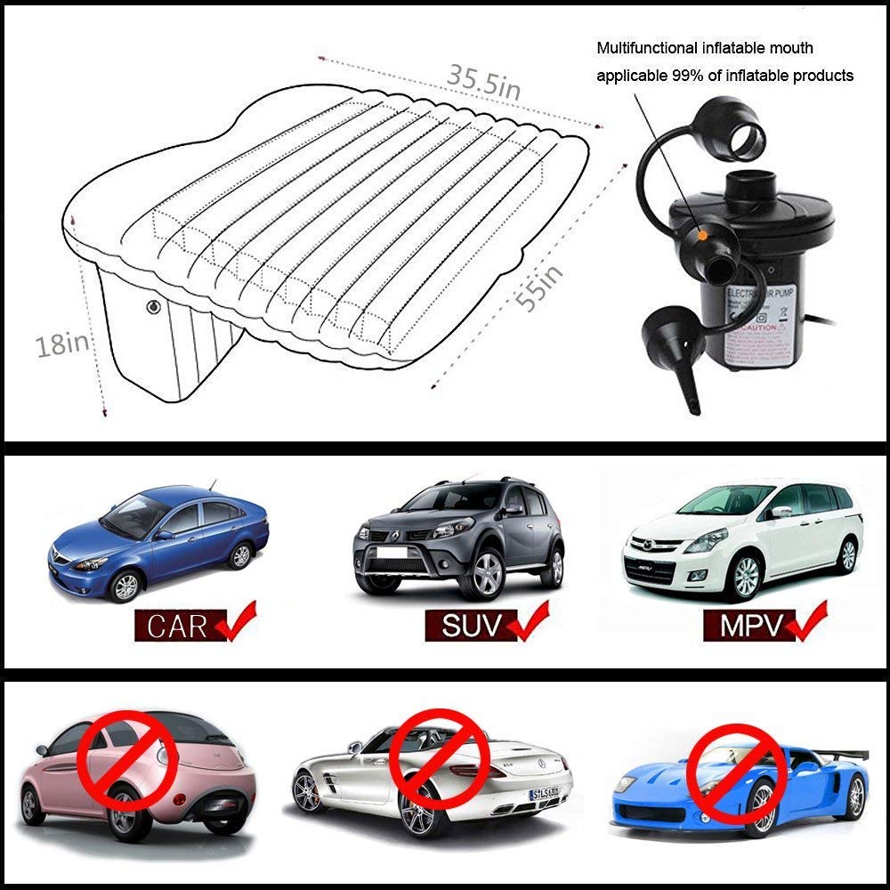 Four Creators Velvety PVC Oxford Fabric Inflatable Car Air Mattress Bed with 2 Air Pillows and Pump - Accessories for Travel, Camping