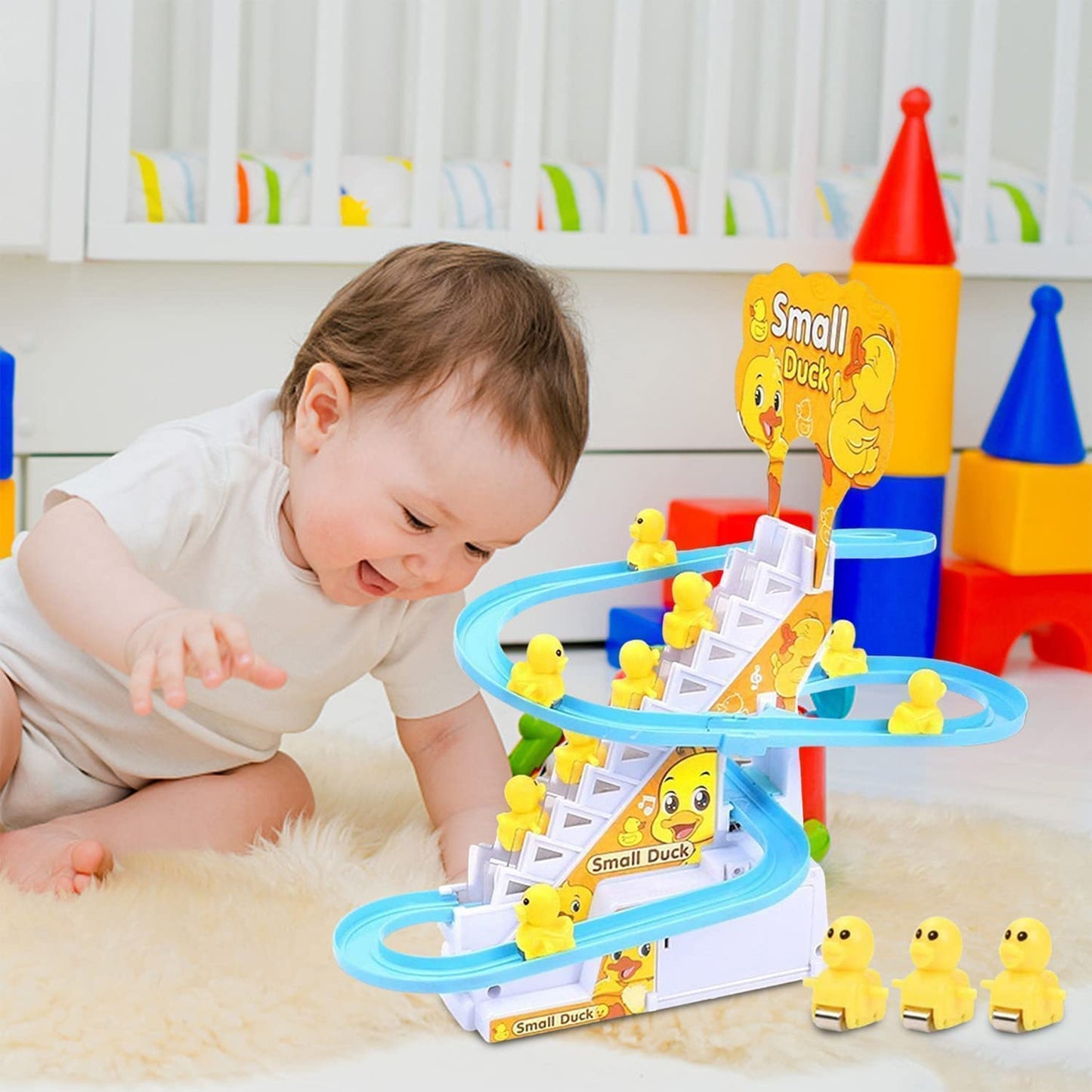 Baby Happy Duck Track Set Toys for Kids Climbing Stairs Dancing Duck Slide Toy with Light and Music - 3 Piece Small Duck
