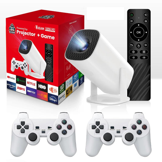 Yugam P30 Max Projector 4K HD 1080P Bluetooth Android 11 Proyector with 2 Wireless Game Controllers Built-in 3000 Games (Game with Controller Projector)