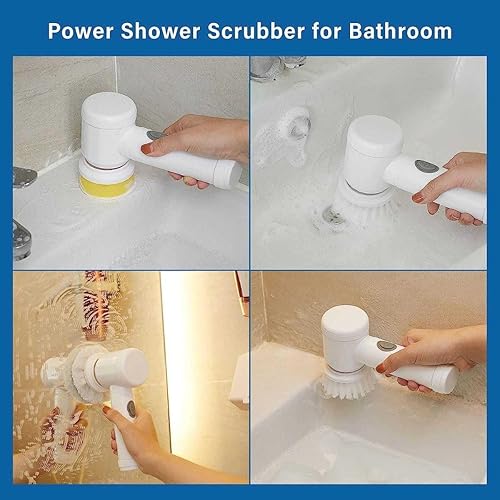 Multi-Functional Electric Cleaning Brush 5 in 1 Magic Power Scrubber Household Cleaning Tools Spin Scrubber with Buffer Polisher, for Bathroom, Shower, Tub, Kitchen Floor