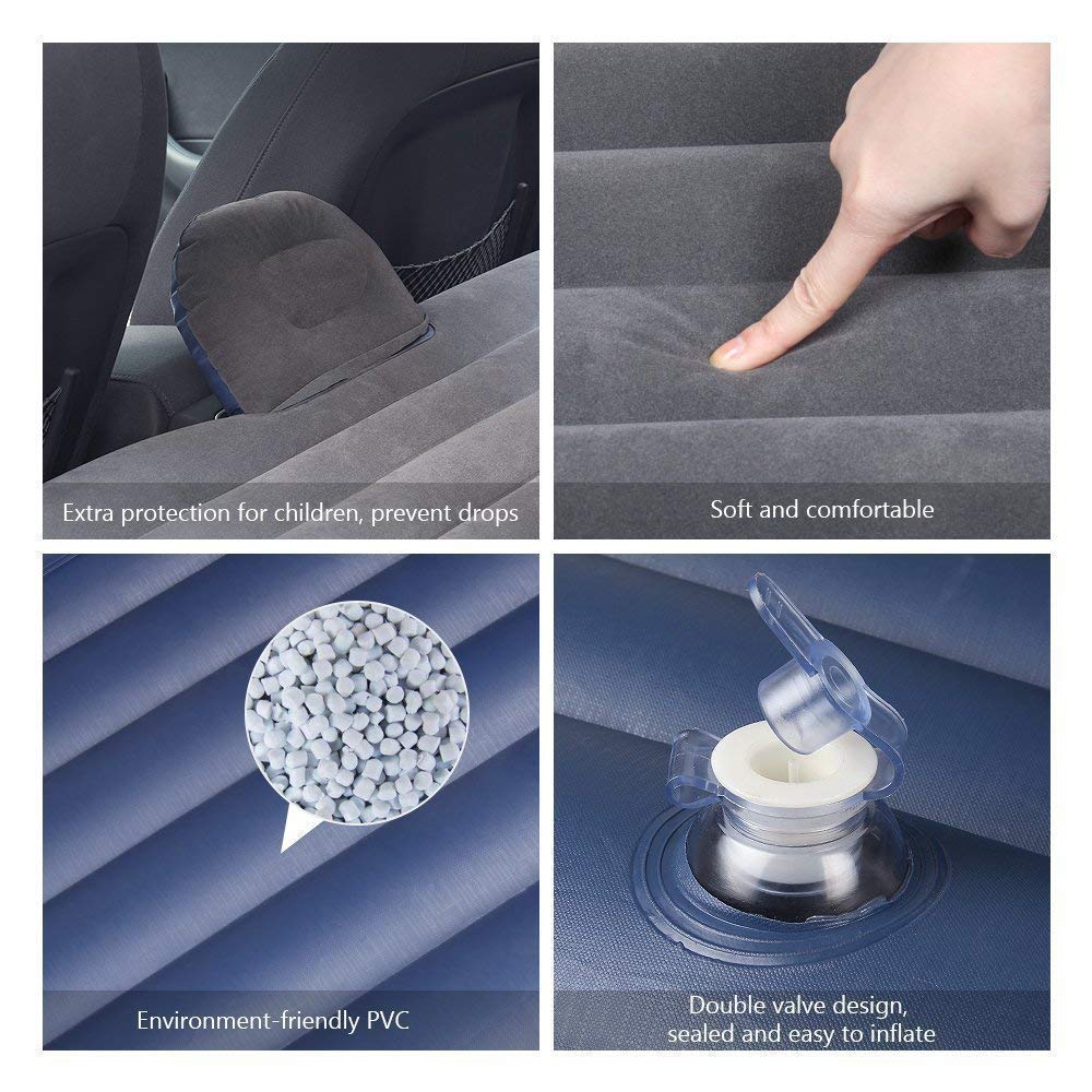 Four Creators Velvety PVC Oxford Fabric Inflatable Car Air Mattress Bed with 2 Air Pillows and Pump - Accessories for Travel, Camping
