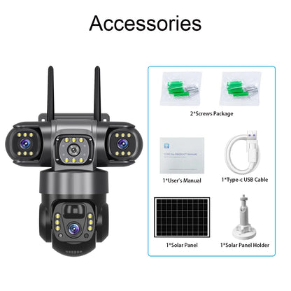 V380 4G 6MP Solar Security Camera 3-Lens System Dual-Charging Night Vision Motion Alerts Security Camera