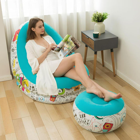 FLORAL Inflatable Lounge Chair with Footrest 2-in-1 Air Sofa for Adults