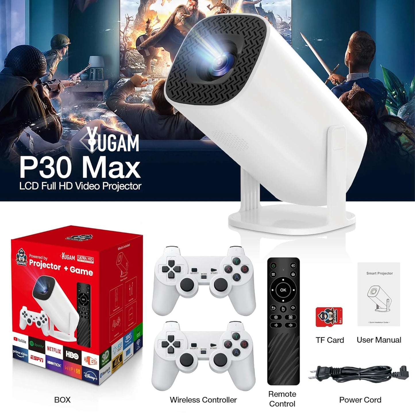 Yugam P30 Max Projector 4K HD 1080P Bluetooth Android 11 Proyector with 2 Wireless Game Controllers Built-in 3000 Games (Game with Controller Projector)
