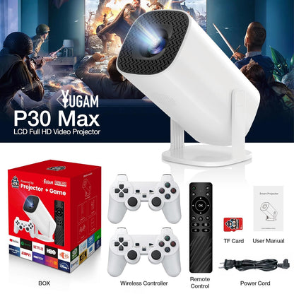 Yugam P30 Max Projector 4K HD 1080P Bluetooth Android 11 Proyector with 2 Wireless Game Controllers Built-in 3000 Games (Game with Controller Projector)