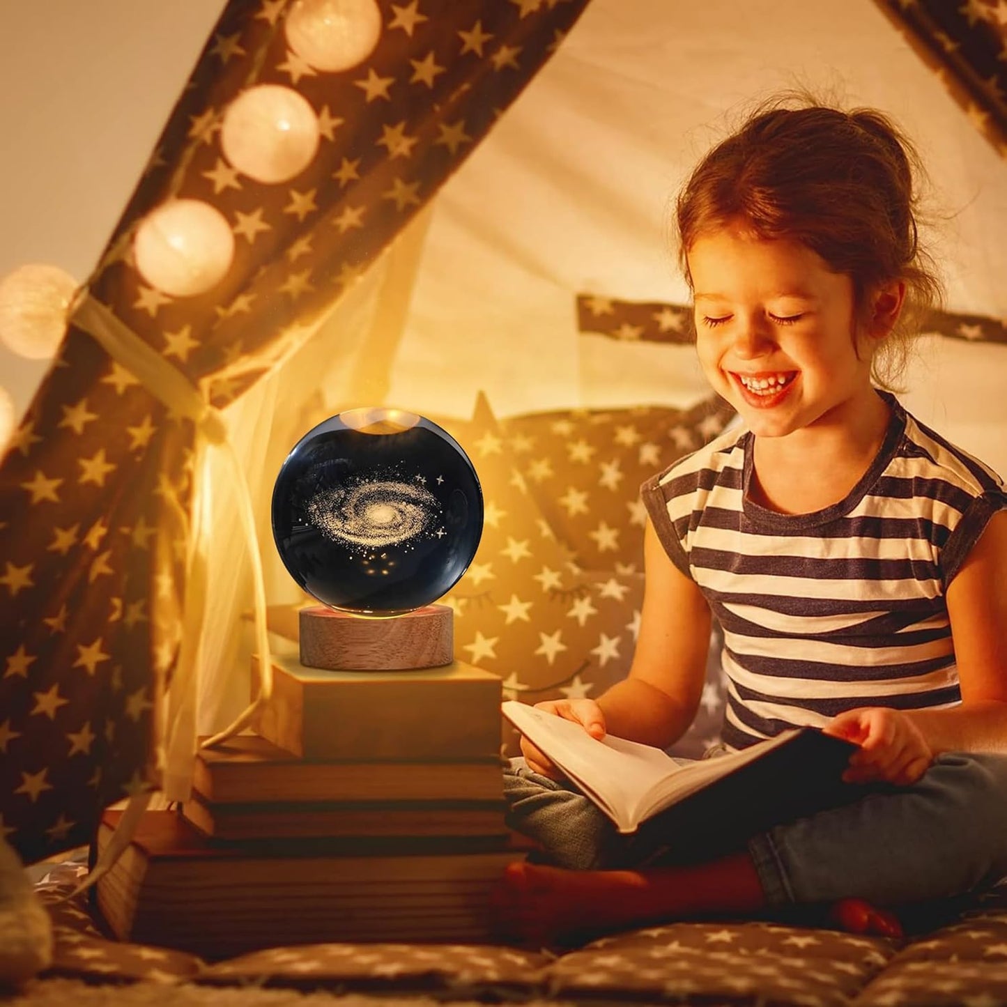 3D Galaxy Crystal Ball Night Lamp - Engraved USB Table LED Wooden Light for Home Office Decoration and Birthday Gift (Galaxy)(Warm White) Visit the One94Store Store