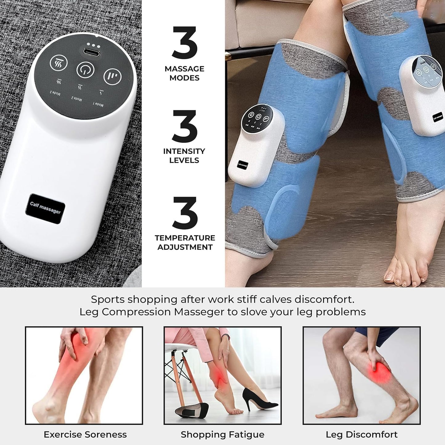 Leg Massager for Circulation and Pain Relief, Calf Air Compression Massager with Heat, Leg Massager with 3 Intensities, 3 Modes, Easy to Use, Muscle Relaxation