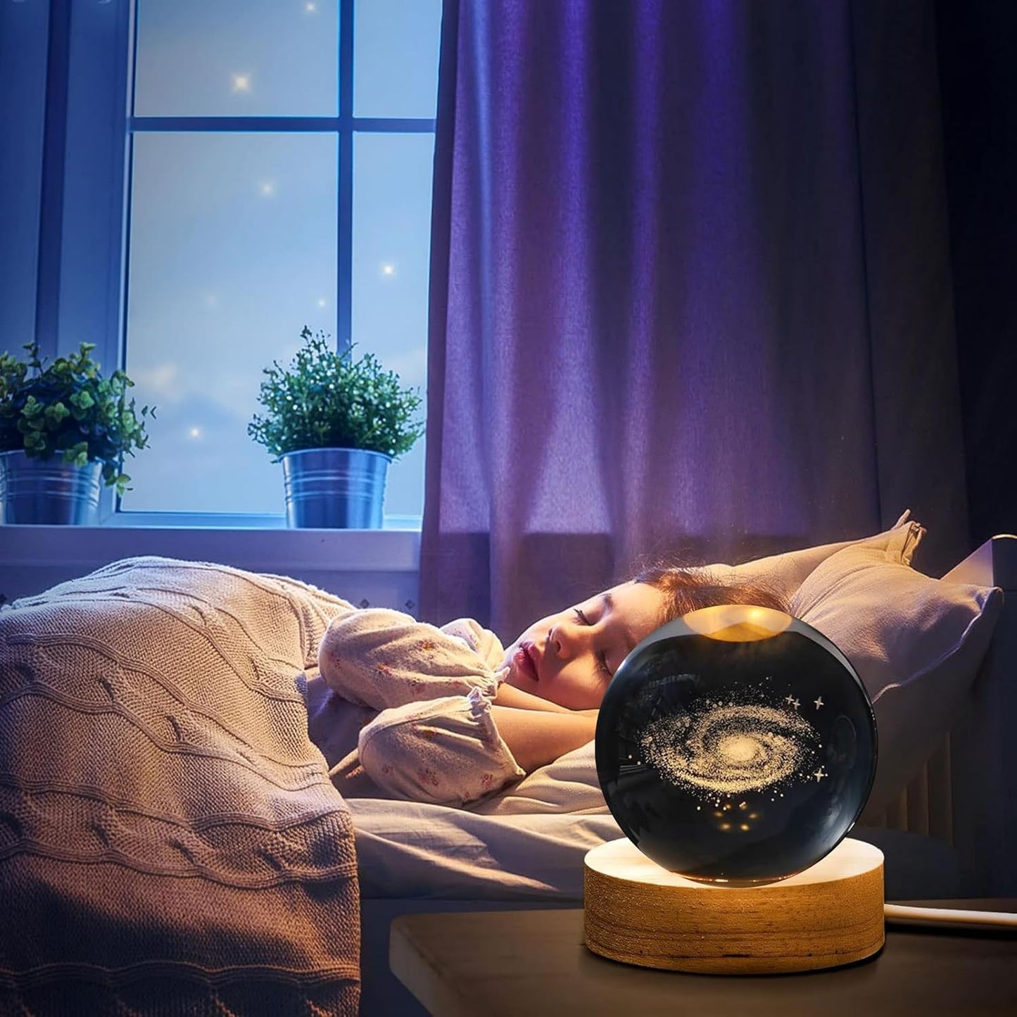 3D Galaxy Crystal Ball Night Lamp - Engraved USB Table LED Wooden Light for Home Office Decoration and Birthday Gift (Galaxy)(Warm White) Visit the One94Store Store