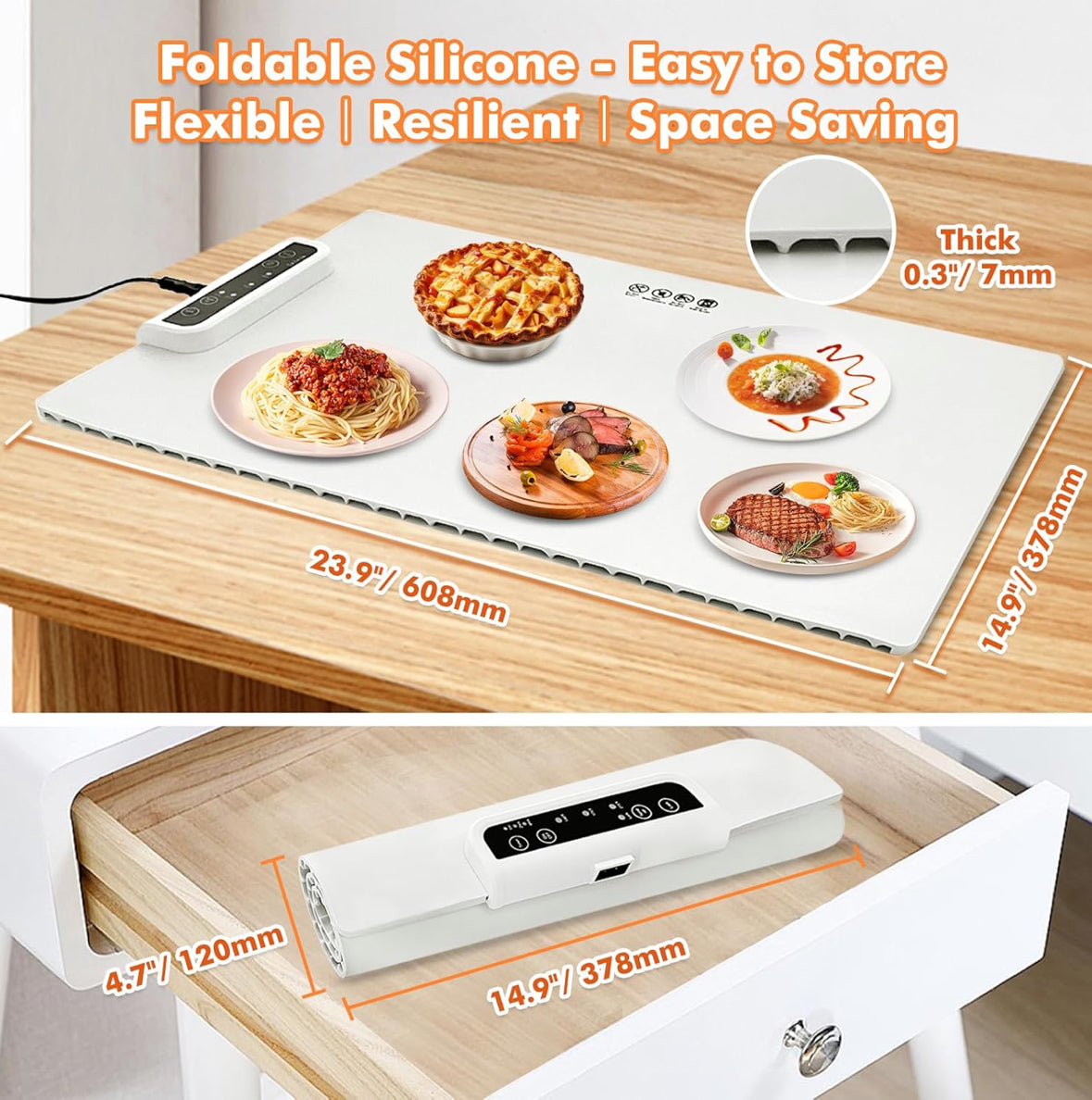Electric Food Warmer Large Silicone Warming Mat Foldable Full Surface Warming Tray with 3 Adjustable Temperature Time for Buffets Parties