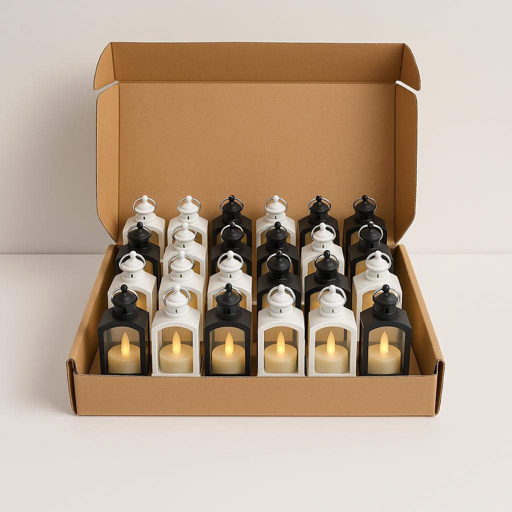 LED Lanterns with Flickering Candle Light – Black & White Vintage Style (PACK OF 24)