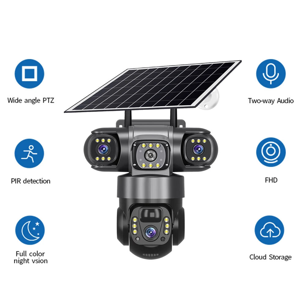 V380 4G 6MP Solar Security Camera 3-Lens System Dual-Charging Night Vision Motion Alerts Security Camera