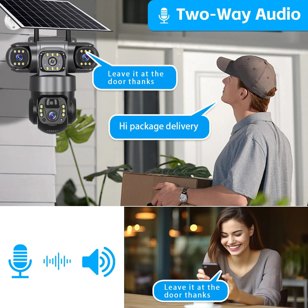 V380 4G 6MP Solar Security Camera 3-Lens System Dual-Charging Night Vision Motion Alerts Security Camera