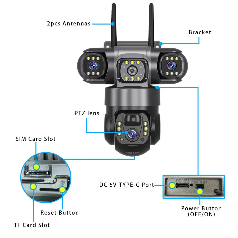 V380 4G 6MP Solar Security Camera 3-Lens System Dual-Charging Night Vision Motion Alerts Security Camera