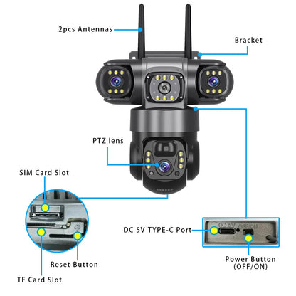 V380 4G 6MP Solar Security Camera 3-Lens System Dual-Charging Night Vision Motion Alerts Security Camera