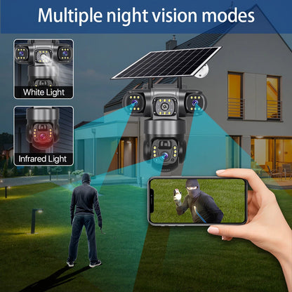 V380 4G 6MP Solar Security Camera 3-Lens System Dual-Charging Night Vision Motion Alerts Security Camera