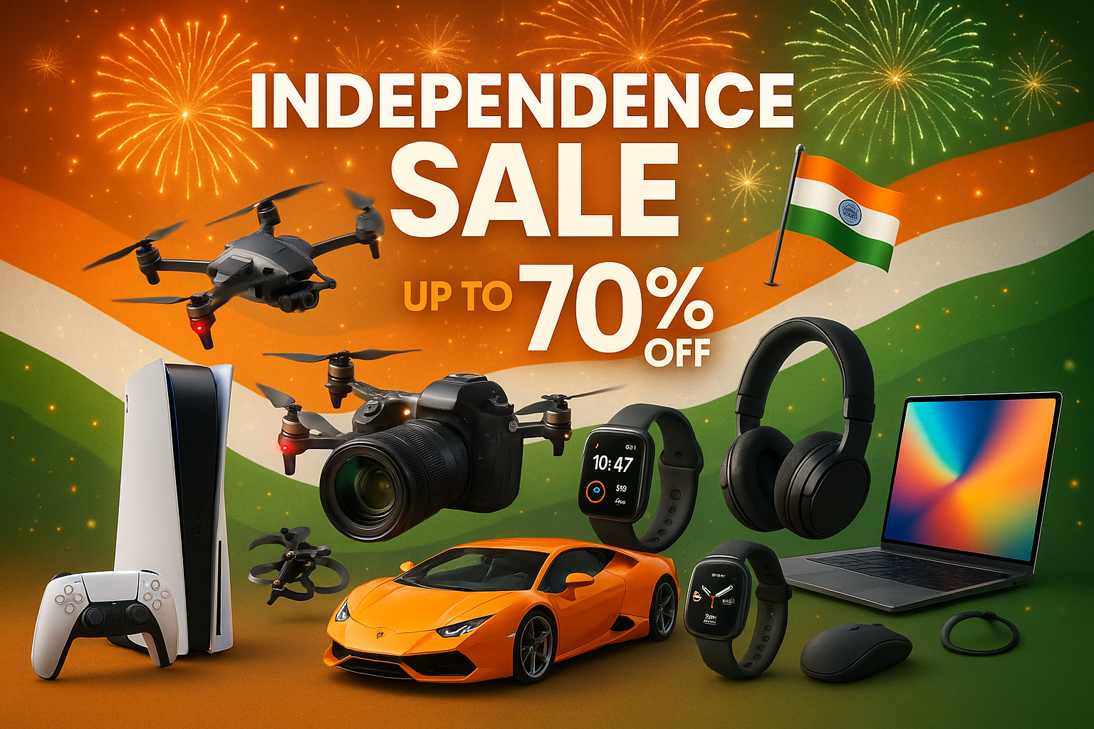 independence sale upto 70% off show gadgets like ps5, drone, camera, supercar, and manymore