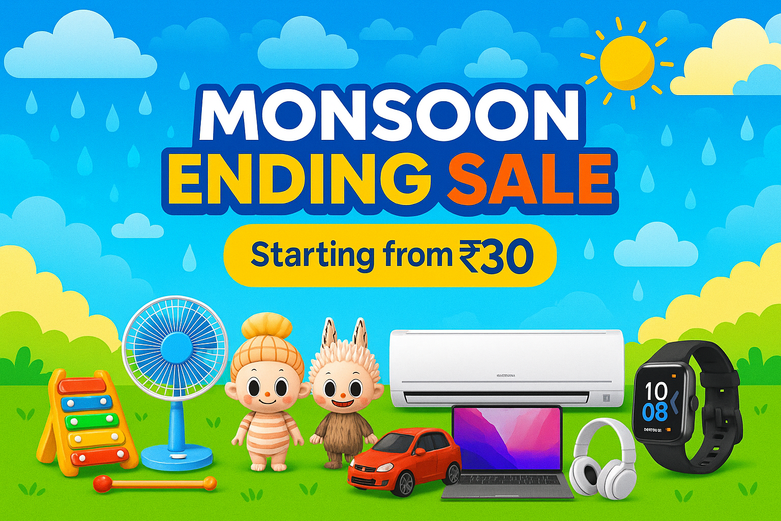 monsoon endling sale products starting from 30rupees and show products like toys, fans, labubu dolls, ac, cars, and many more